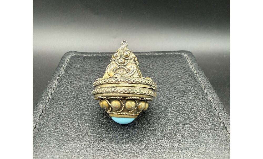 Antique Silver Ornate Filigree Pill Box/Fob Pendant W/Light Blue Cabochon